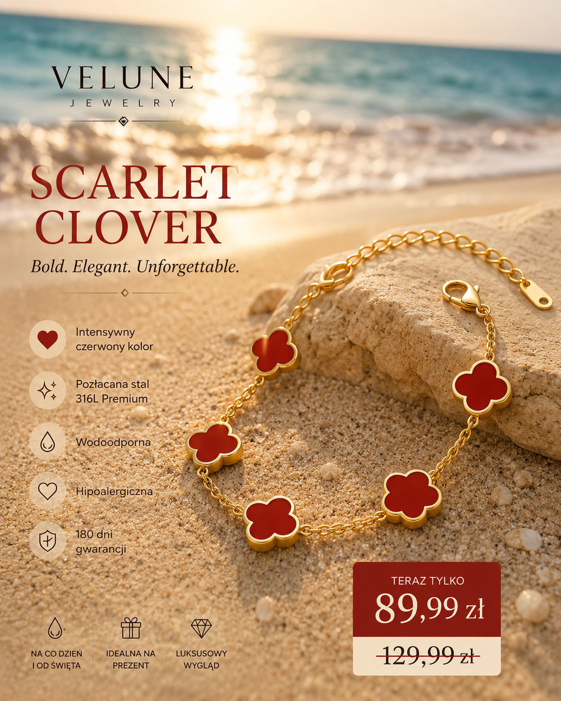 Bransoletka Scarlet Clover– Stal 316L Pozłacana