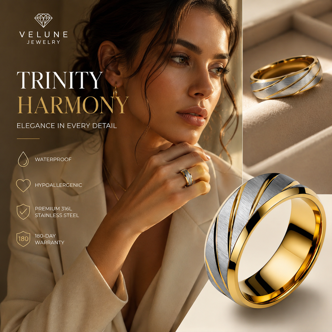 Pierścionek Trinity Harmony – Stal 316L Pozłacana