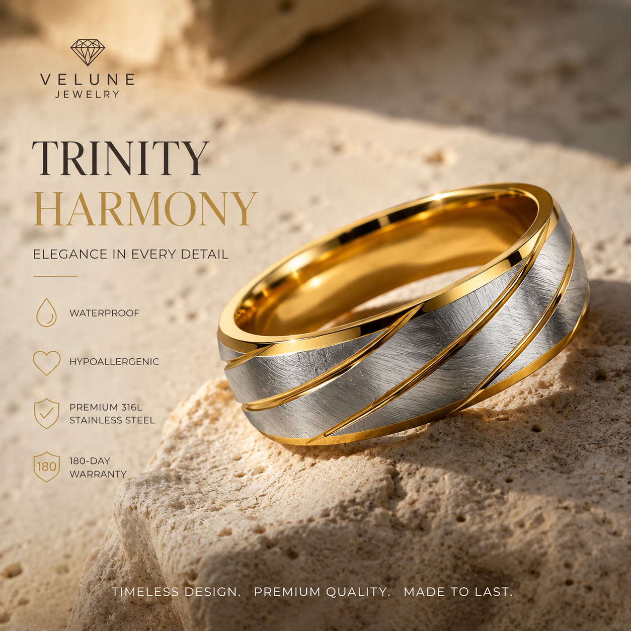 Pierścionek Trinity Harmony – Stal 316L Pozłacana