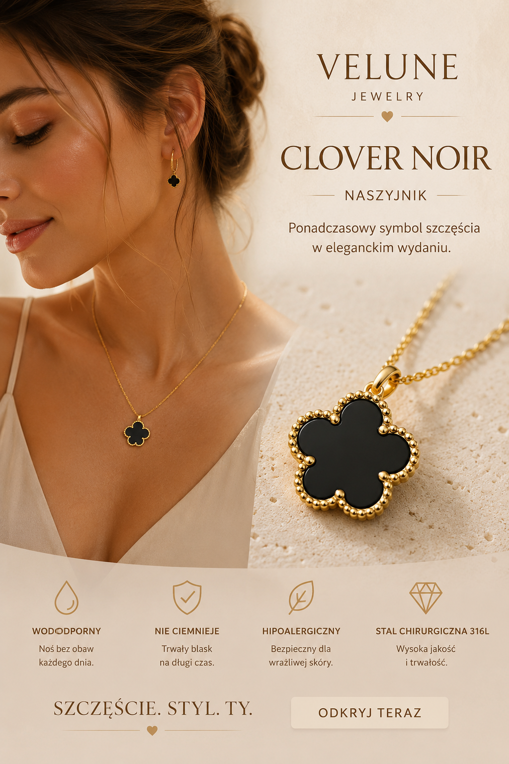 Naszyjnik Clover Noir | Stal Chirurgiczna 316L | Velune Jewelry