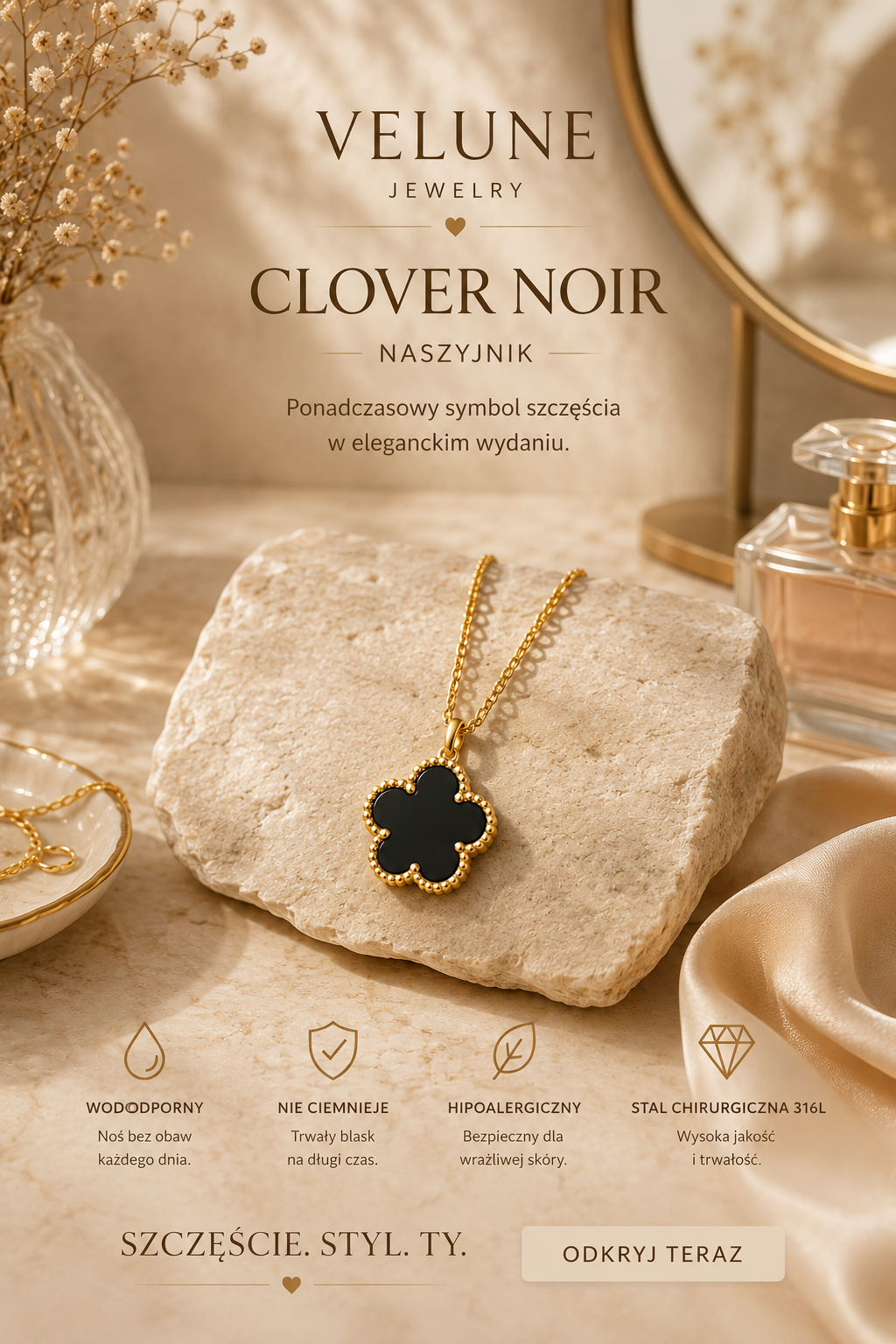 Naszyjnik Clover Noir | Stal Chirurgiczna 316L | Velune Jewelry
