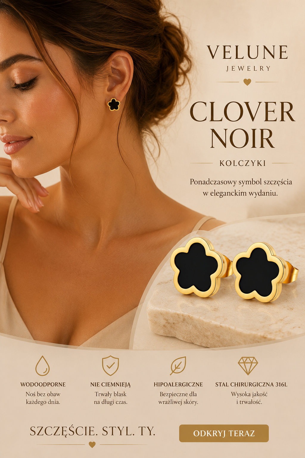 Kolczyki Clover Noir – Złote Kolczyki ze Stali Chirurgicznej 316L | Velune Jewelry