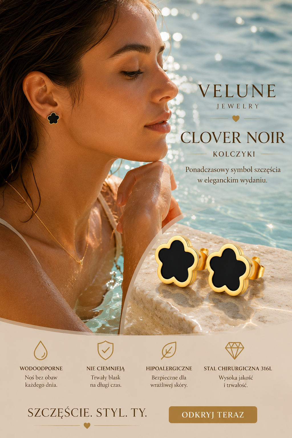 Kolczyki Clover Noir – Złote Kolczyki ze Stali Chirurgicznej 316L | Velune Jewelry