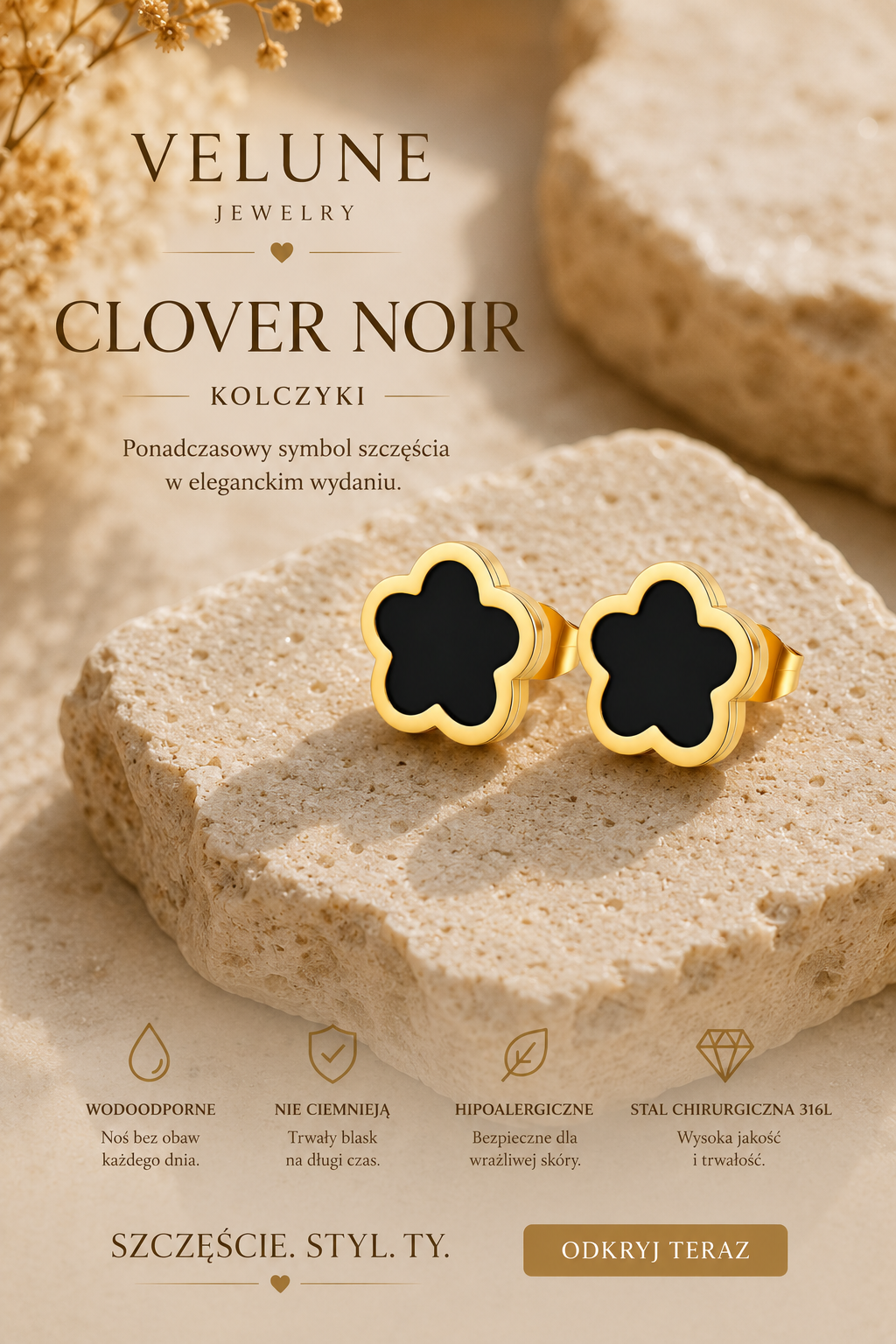 Kolczyki Clover Noir – Złote Kolczyki ze Stali Chirurgicznej 316L | Velune Jewelry