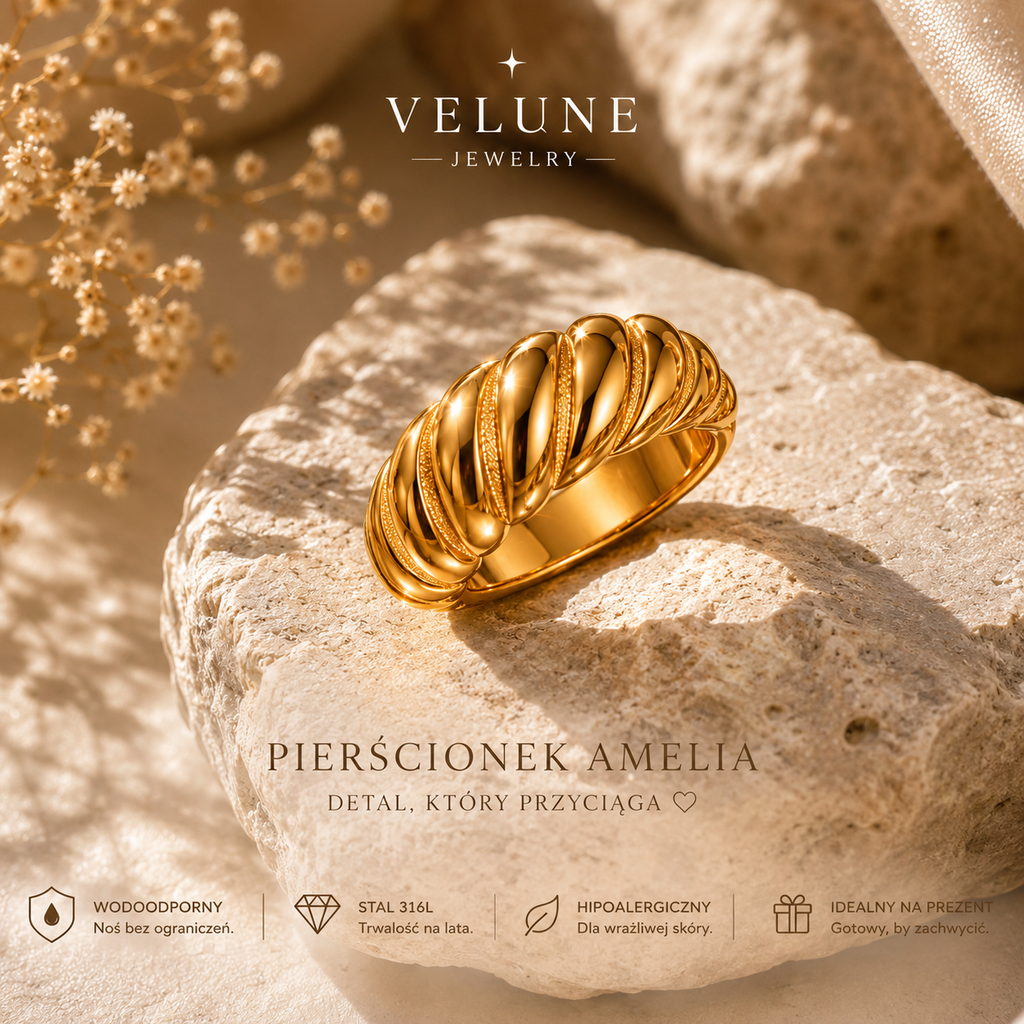 Pierścionek Amelia – Stal 316L Pozłacana
