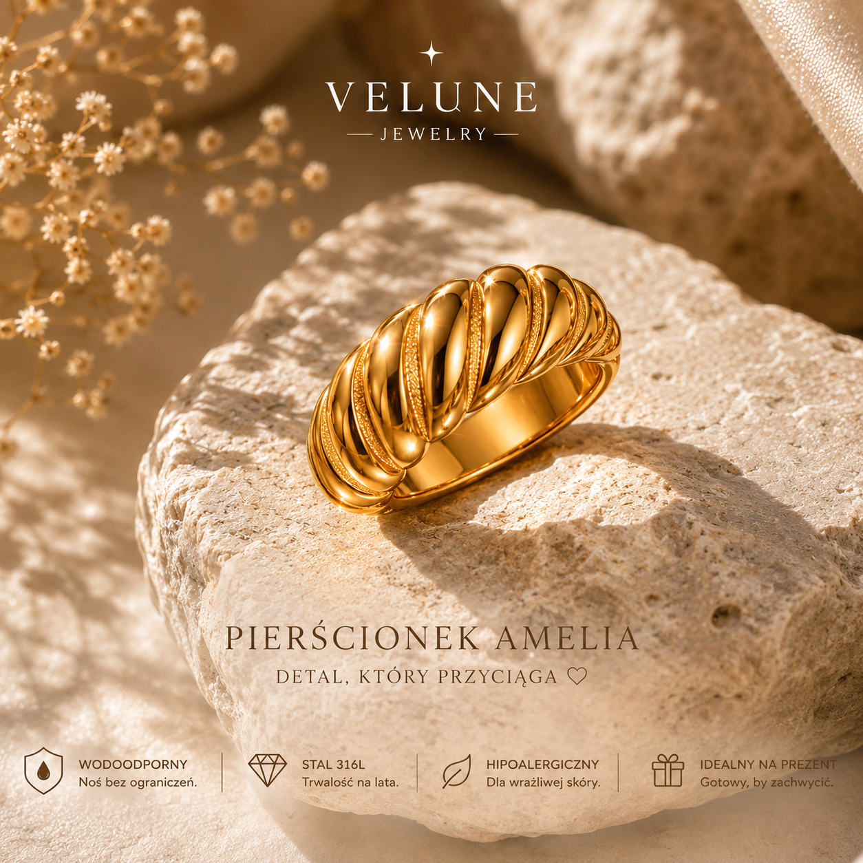 Pierścionek Amelia – Stal 316L Pozłacana