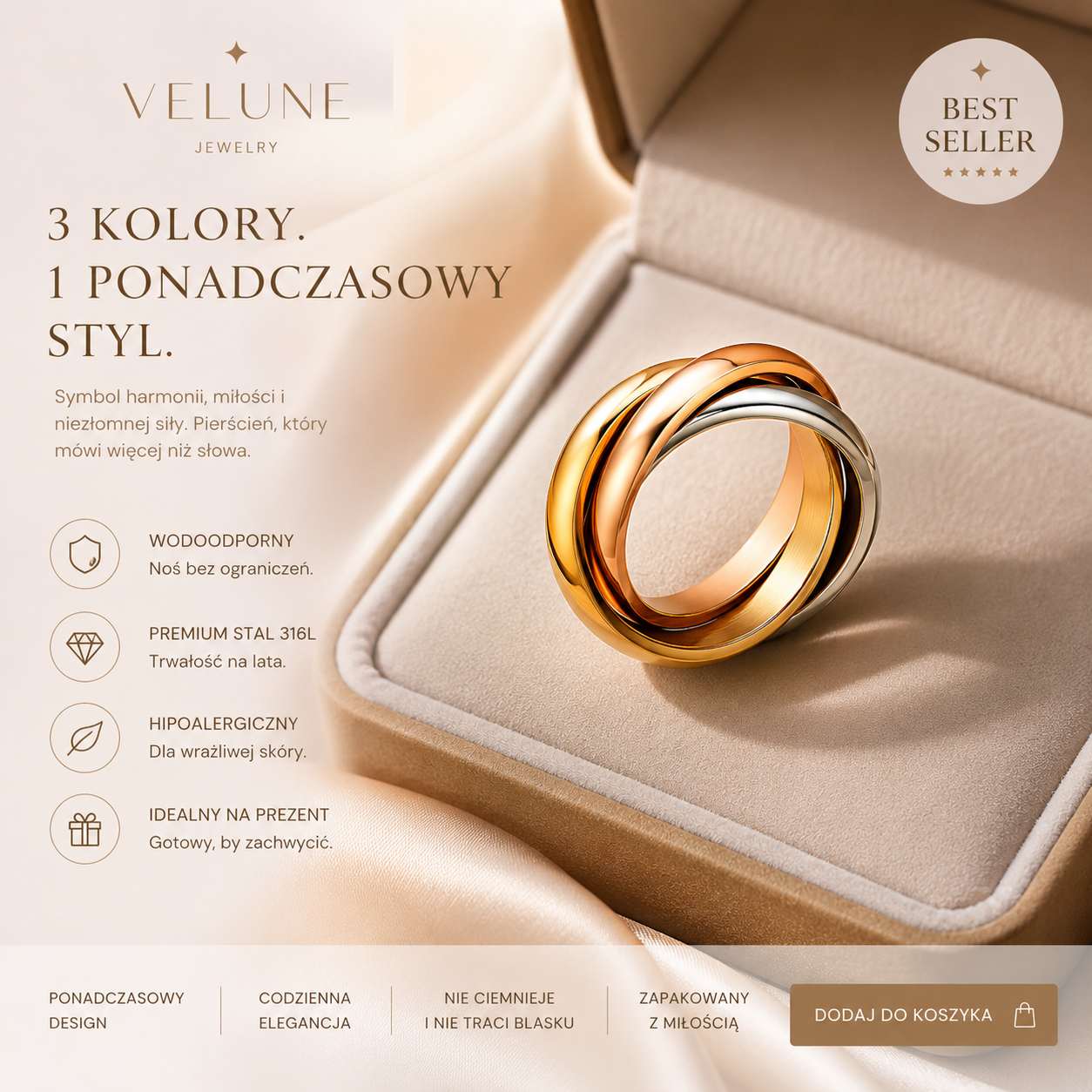 Pierścionek Trinity Harmony – Stal 316L Tricolor