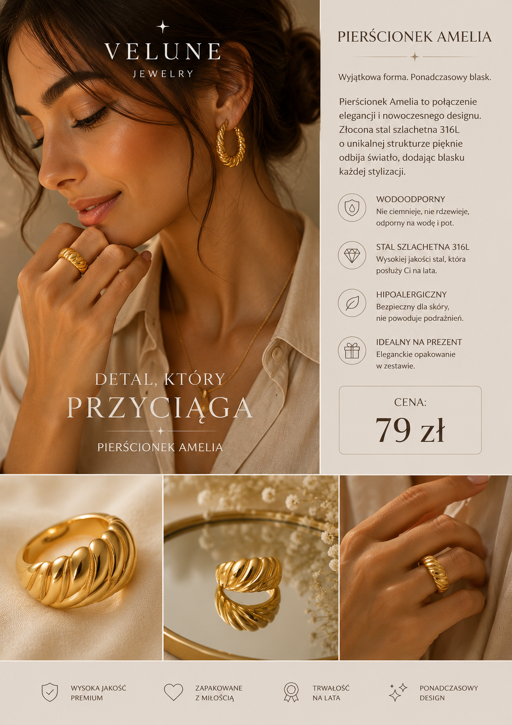Pierścionek Amelia – Stal 316L Pozłacana
