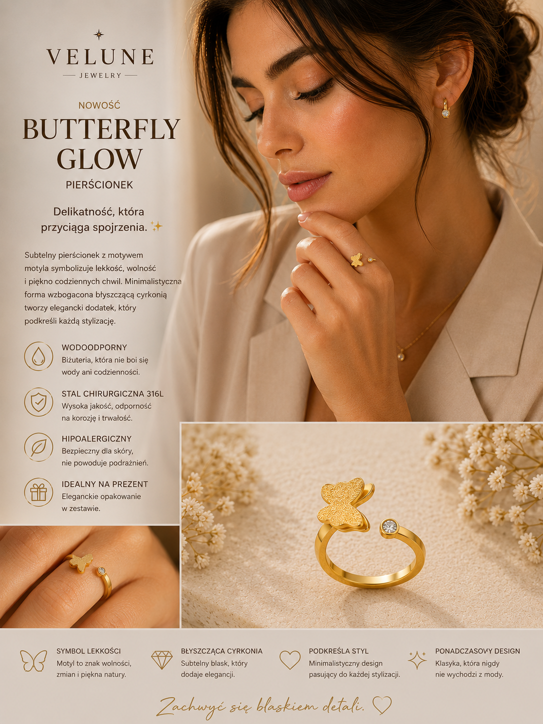 Pierścionek Butterfly Glow – Stal 316L Pozłacana