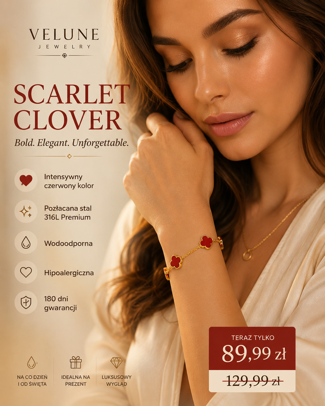 Bransoletka Scarlet Clover– Stal 316L Pozłacana
