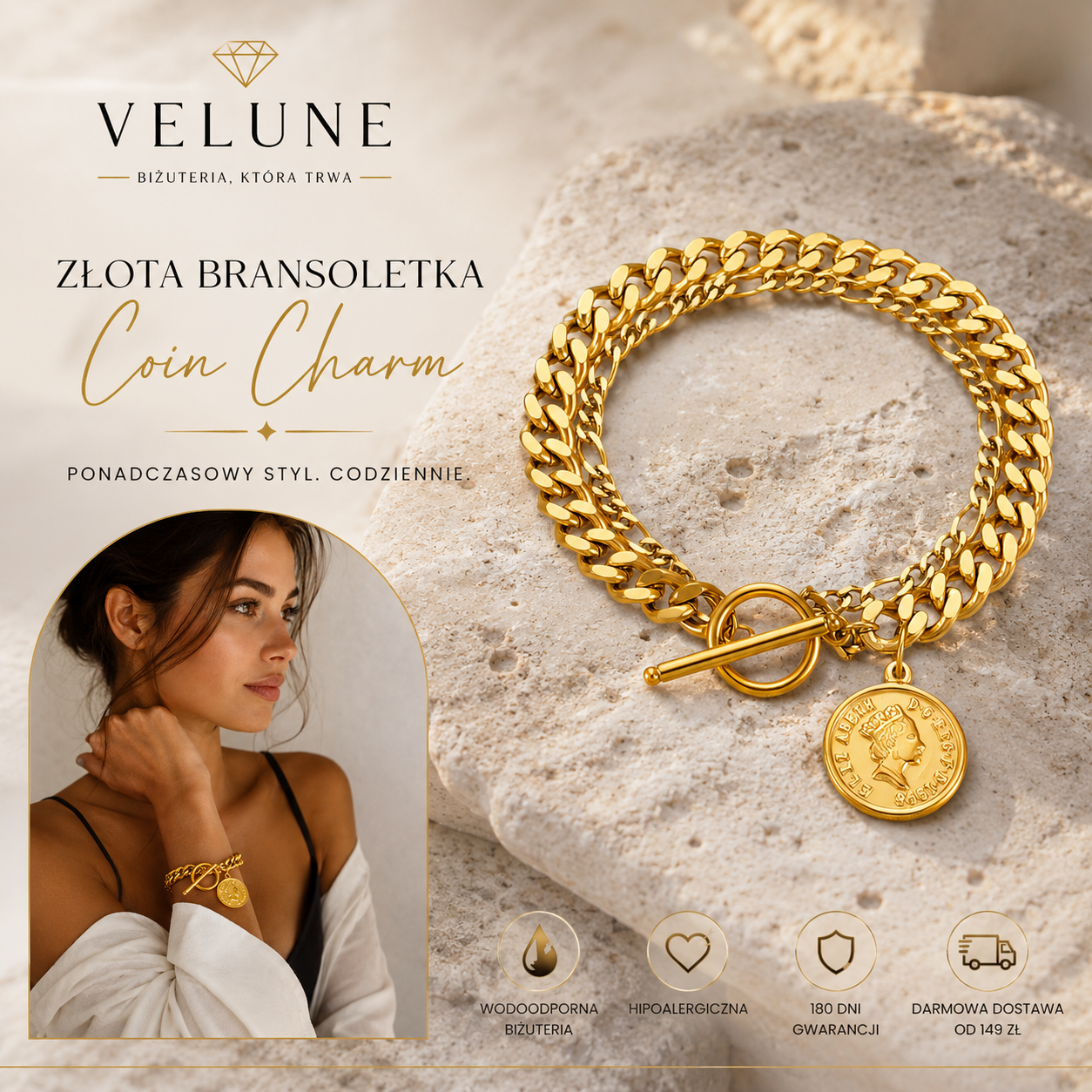 Bransoletka Coin Charm – Stal 316L Pozłacana