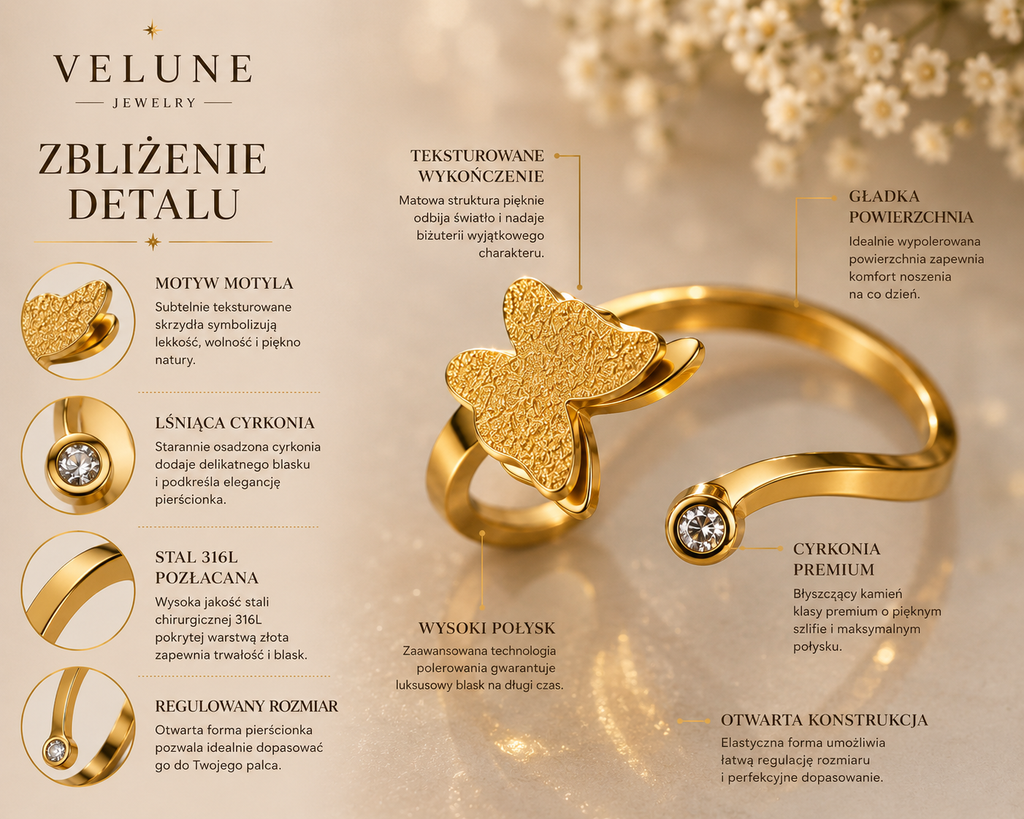 Pierścionek Butterfly Glow – Stal 316L Pozłacana