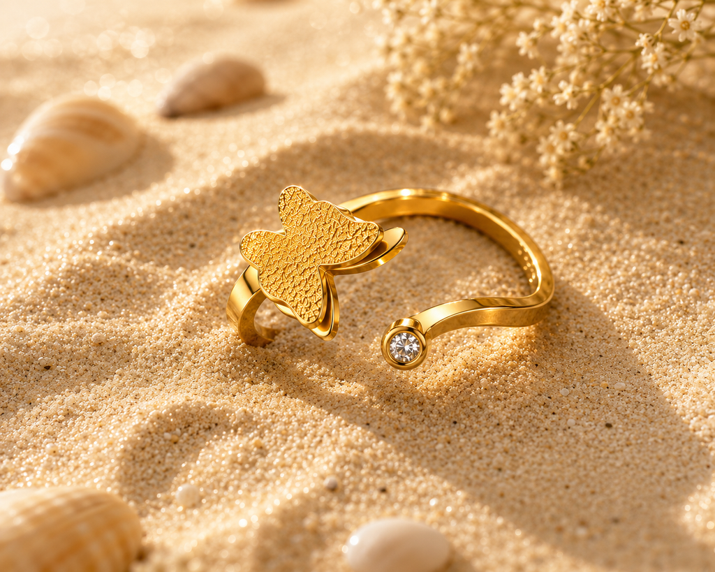 Pierścionek Butterfly Glow – Stal 316L Pozłacana