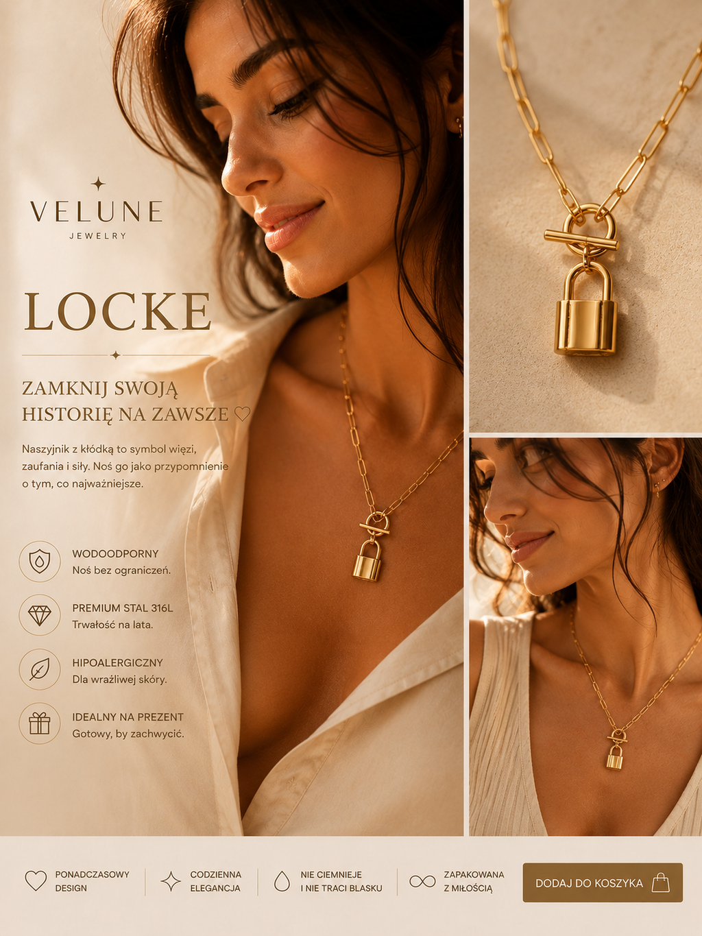 Naszyjnik LOCKE Gold – Kłódka Miłości | Stal 316L