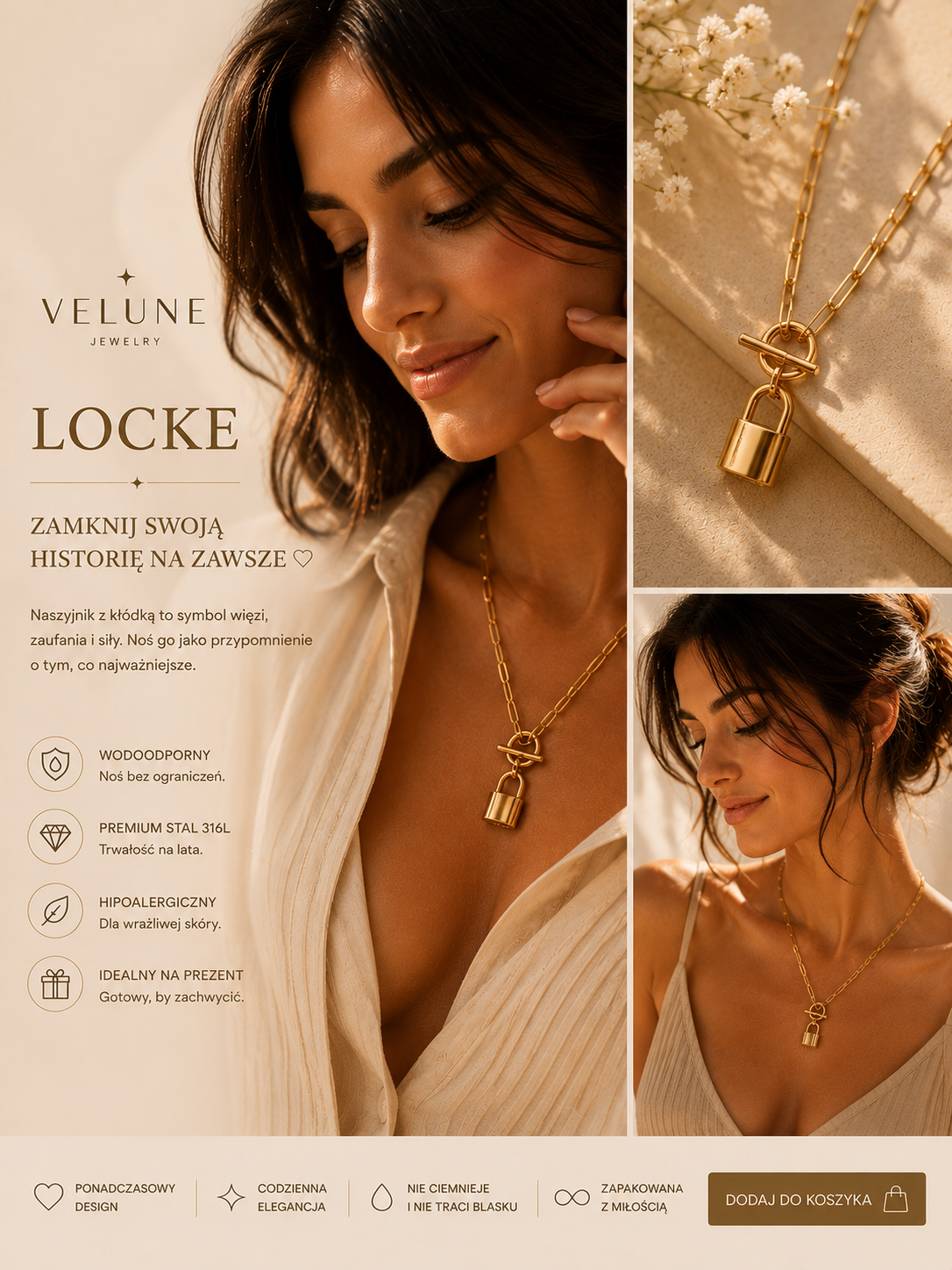 Naszyjnik LOCKE Gold – Kłódka Miłości | Stal 316L