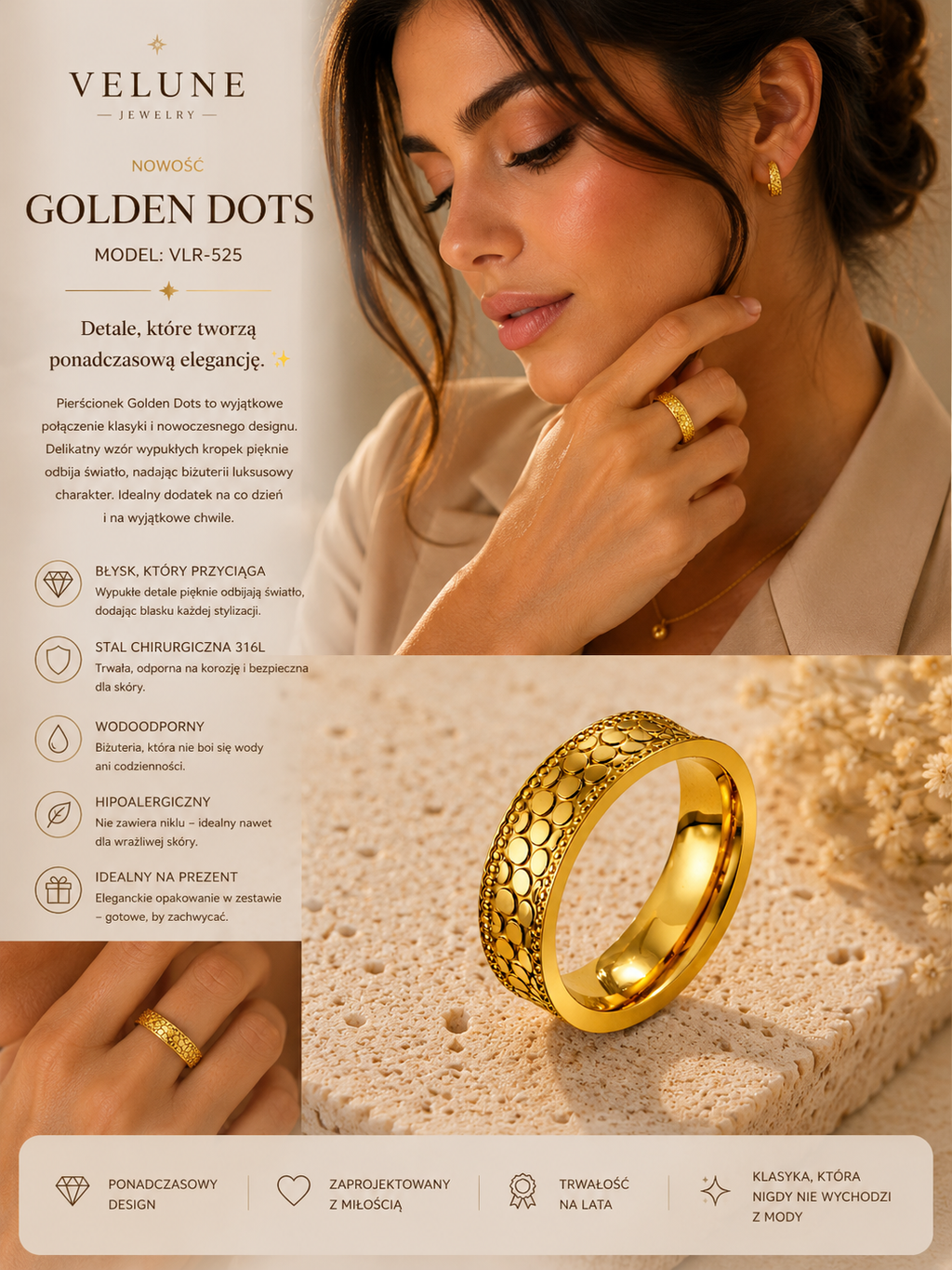 Pierścionek Golden Dots – Stal 316L Pozłacana