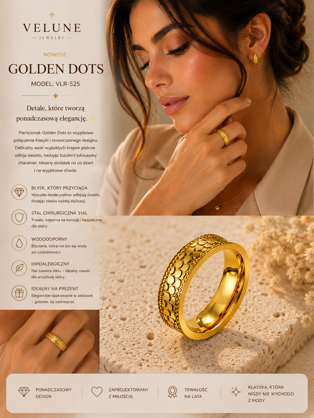 Pierścionek Golden Dots – Stal 316L Pozłacana